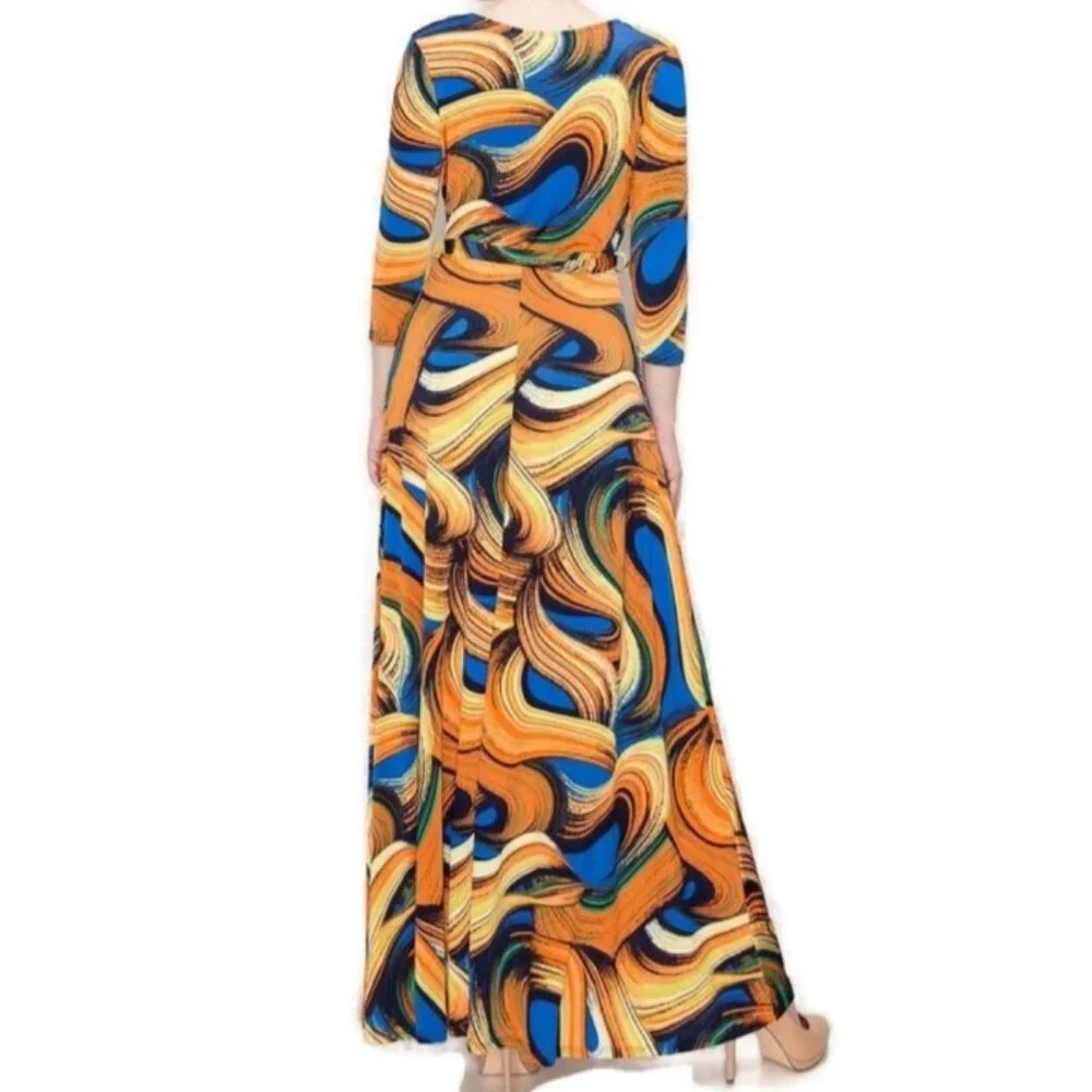 Janette Fashion Sunsets and Waves Faux Wrap 3/4 Sleeve Long Maxi Dress - Picture 3 of 4